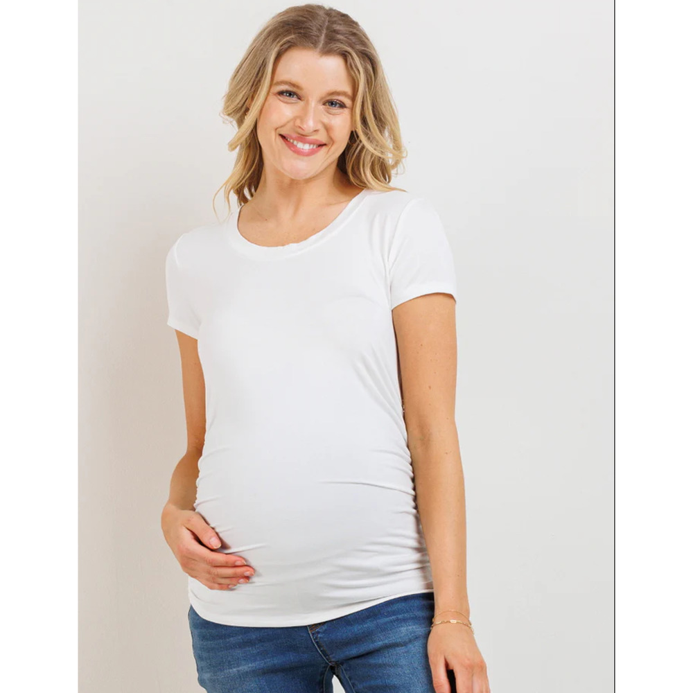 NWT Hello Miz Round Neck Ruched Side Short Sleeve Maternity Top Off White Large